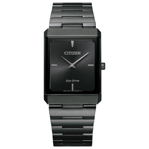 Citizen Stiletto Eco-Drive AR3107-57E featuring a black dial with silver-tone hands and indices, black ion-plated stainless steel case and bracelet—front view.