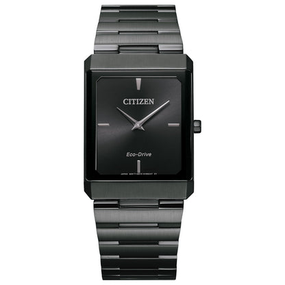 Citizen Stiletto Eco-Drive AR3107-57E featuring a black dial with silver-tone hands and indices, black ion-plated stainless steel case and bracelet—front view.