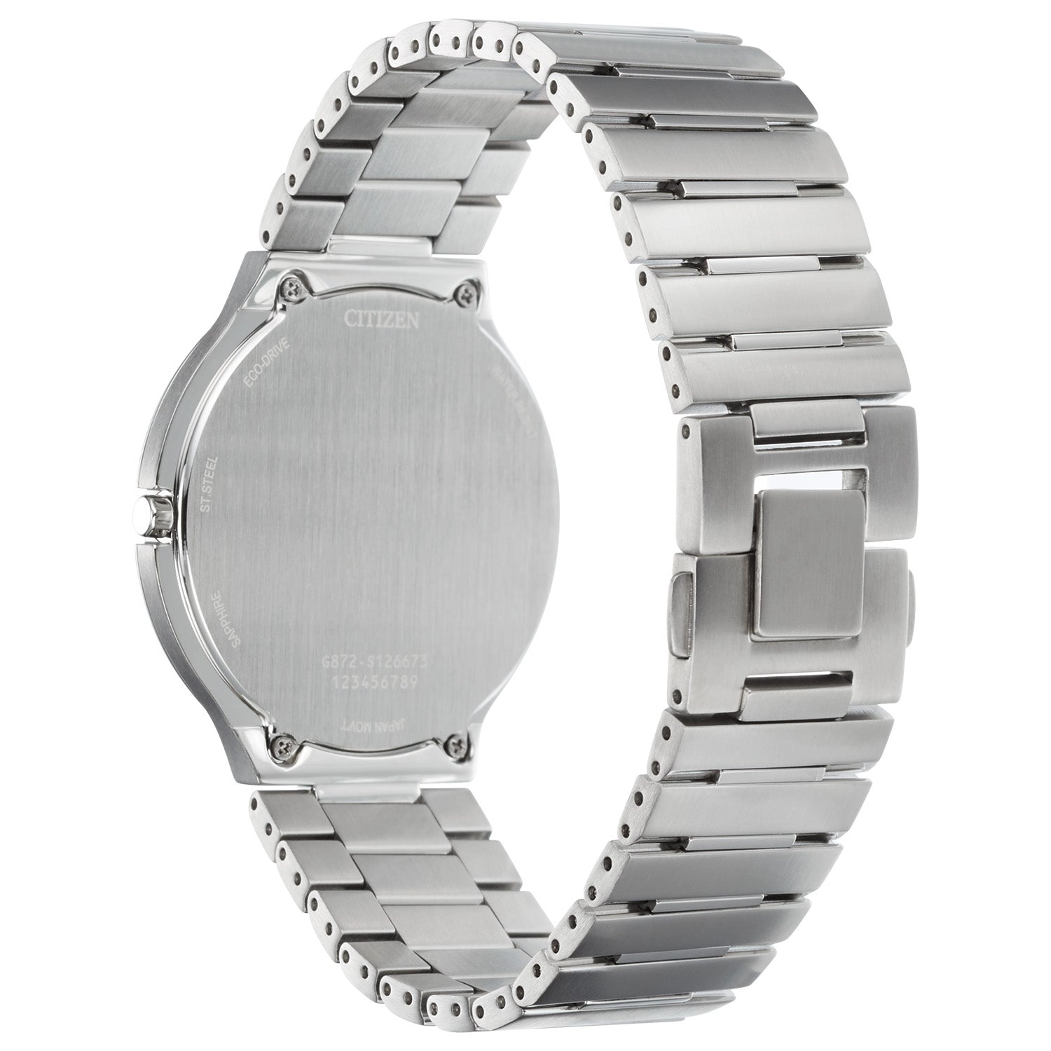 Rear view of the Citizen Stiletto AR3110-52E highlighting the stainless steel case back and bracelet design.