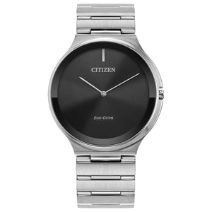 Citizen Stiletto Eco-Drive AR3110-52E featuring a black dial with silver-tone hands, silver-tone stainless steel case and bracelet—front view.