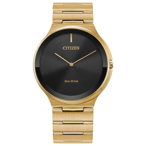 Citizen Stiletto Eco-Drive AR3112-57E featuring a black dial with gold-tone hands, gold-tone stainless steel case and bracelet—front view.