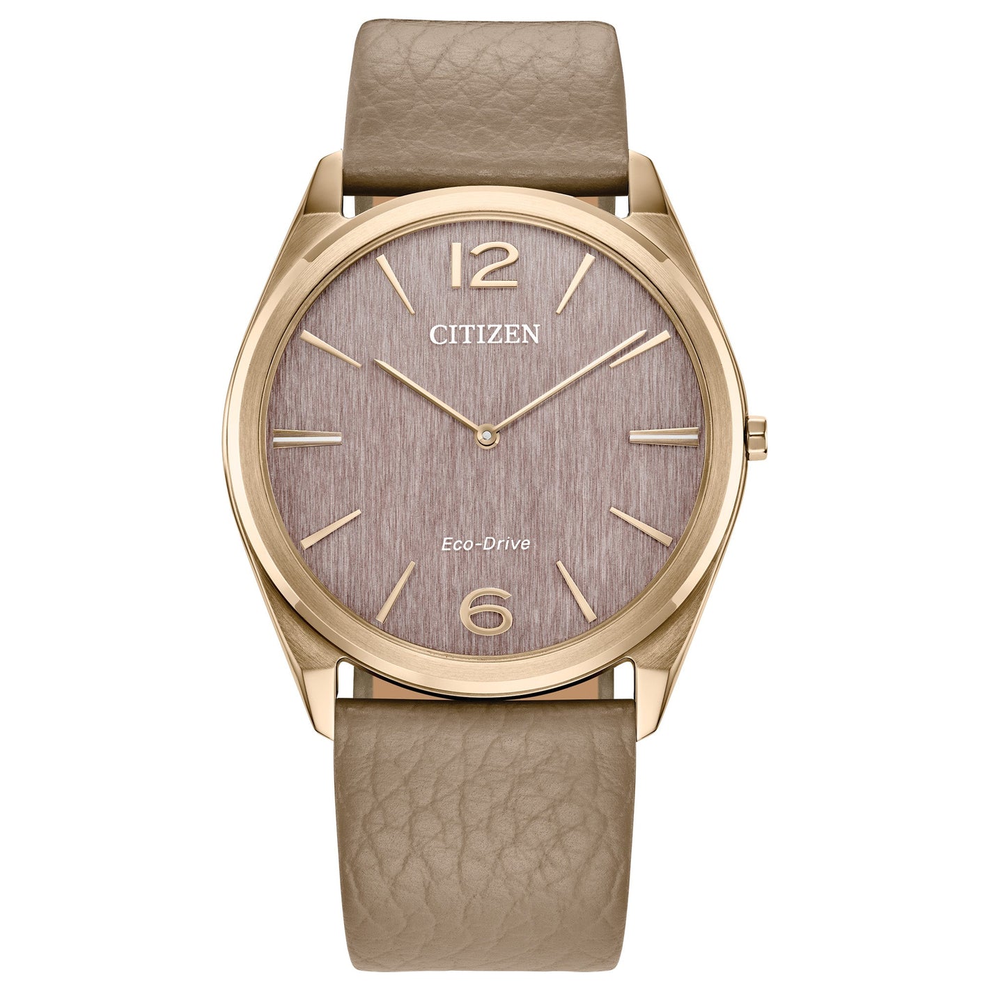 Citizen AR3123-00X front view showing 38.4 mm rose-gold-tone stainless steel case, metallic-powder pink dial with rose-gold markers, beige leather strap.