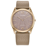 Citizen AR3123-00X front view showing 38.4 mm rose-gold-tone stainless steel case, metallic-powder pink dial with rose-gold markers, beige leather strap.