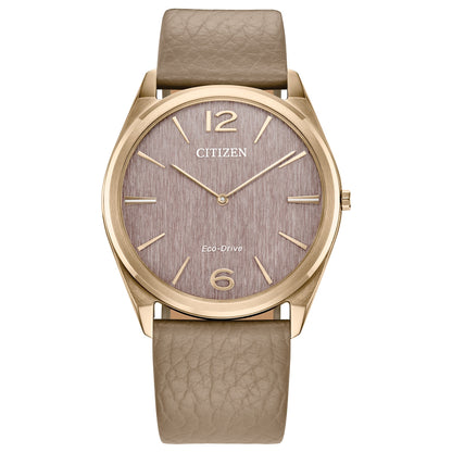 Citizen AR3123-00X front view showing 38.4 mm rose-gold-tone stainless steel case, metallic-powder pink dial with rose-gold markers, beige leather strap.