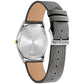 Back view of Citizen AR3124-07H highlighting the solid stainless steel caseback and stitched grey leather strap buckled.