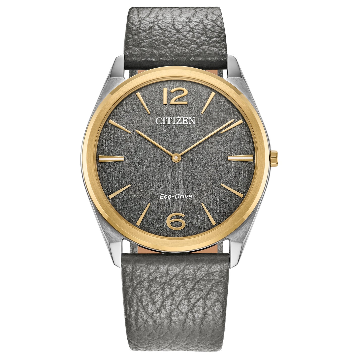 Citizen AR3124-07H two-tone stainless steel watch front view with grey metallic dial, gold-tone hands and markers, and grained grey leather strap.