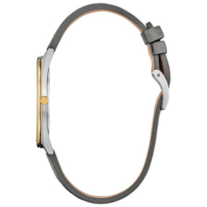 Side profile of Citizen AR3124-07H showing the slim case silhouette, two-tone stainless steel finishes, and leather strap attachment.