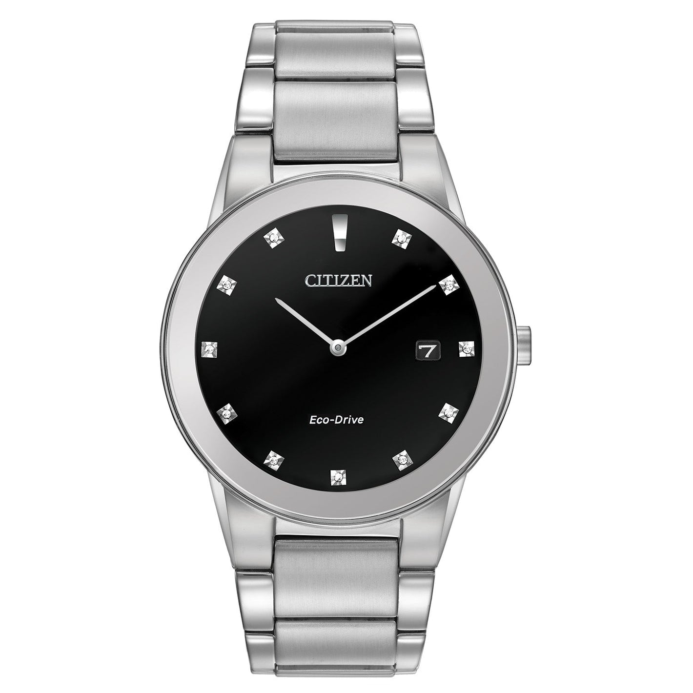 Citizen Axiom Eco-Drive Men's Watch AU1060-51G with a 40mm silver-tone stainless steel case, black dial featuring diamond hour markers, and stainless steel bracelet—front view.