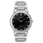 Citizen Axiom Eco-Drive Men's Watch AU1060-51G with a 40mm silver-tone stainless steel case, black dial featuring diamond hour markers, and stainless steel bracelet—front view.