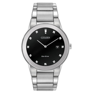 Citizen Axiom Eco-Drive Men's Watch AU1060-51G with a 40mm silver-tone stainless steel case, black dial featuring diamond hour markers, and stainless steel bracelet—front view.