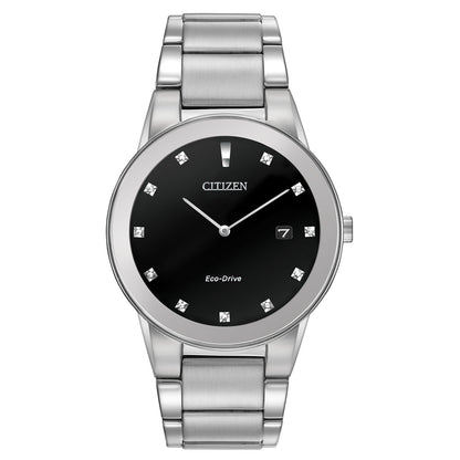 Citizen Axiom Eco-Drive Men's Watch AU1060-51G with a 40mm silver-tone stainless steel case, black dial featuring diamond hour markers, and stainless steel bracelet—front view.