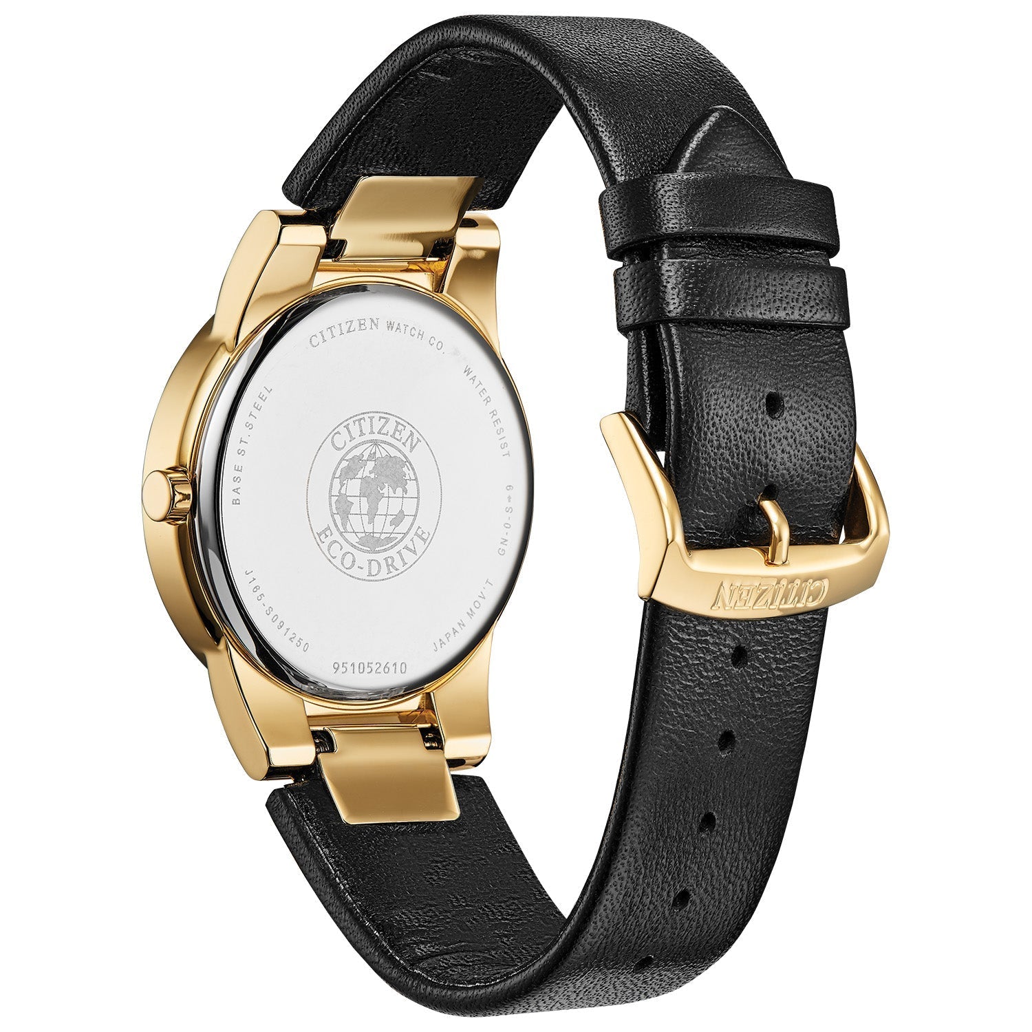 Rear view of the Citizen Axiom AU1062-05E highlighting the stainless steel case back and leather strap design.