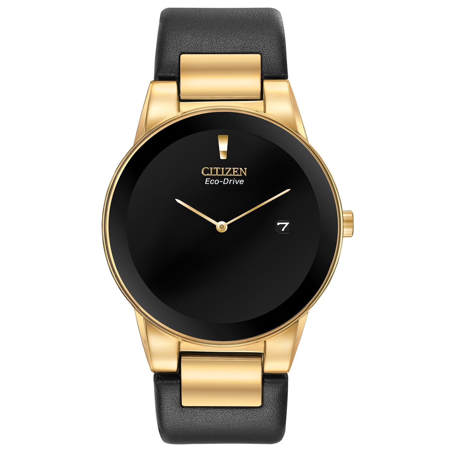 Citizen Axiom Eco-Drive AU1062-05E featuring a black dial with gold-tone hands and date display, gold-tone stainless steel case, and black leather strap—front view.