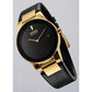 Citizen Axiom Eco-Drive AU1062-05E featuring a black dial with gold-tone hands and date display, gold-tone stainless steel case, and black leather strap—front view.