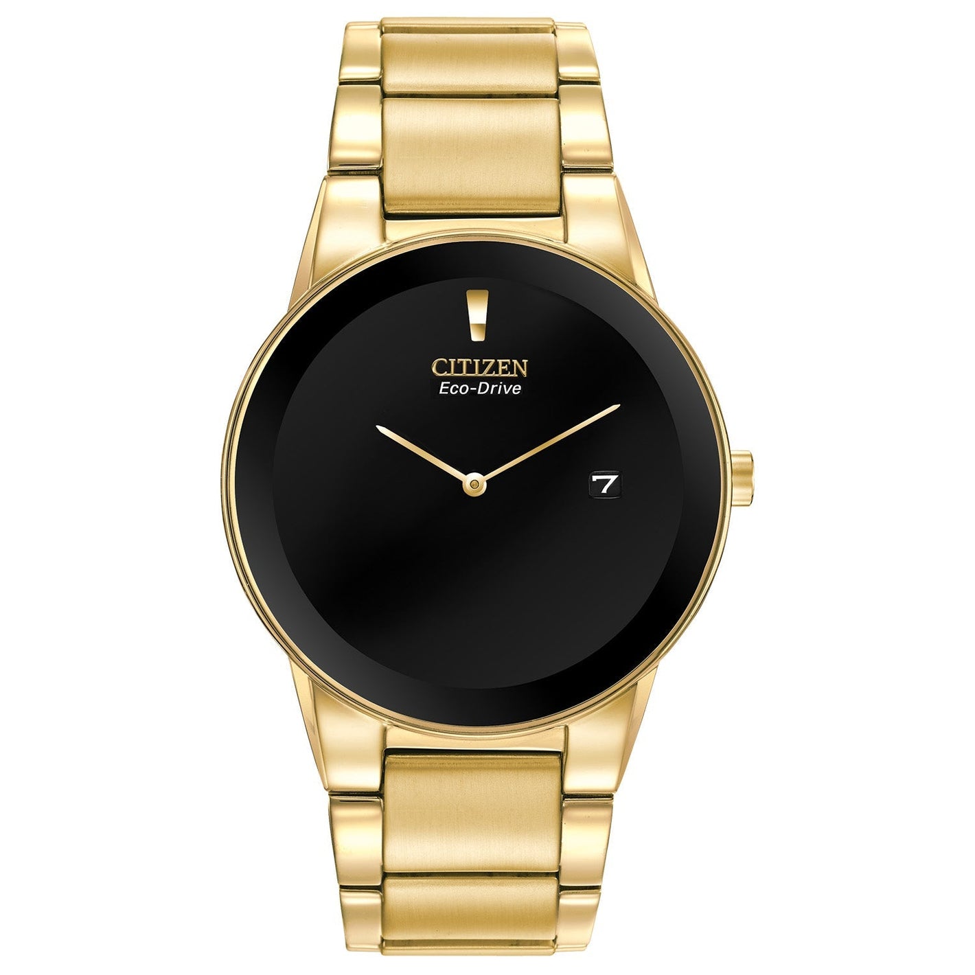 Citizen Axiom Eco-Drive AU1062-56E featuring a black dial with gold-tone hands, gold-tone stainless steel case and bracelet—front view.