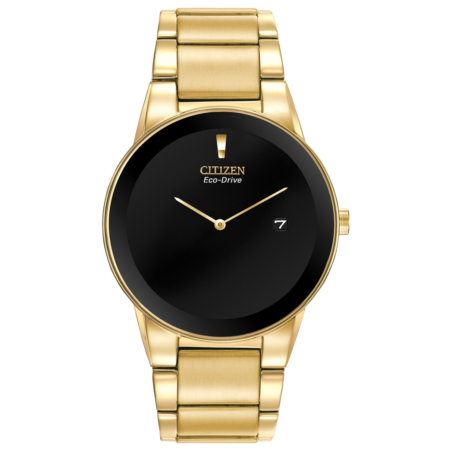 Citizen Axiom Eco-Drive AU1062-56E featuring a black dial with gold-tone hands, gold-tone stainless steel case and bracelet—front view.