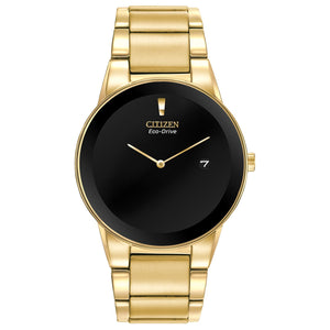 Citizen Axiom Eco-Drive AU1062-56E featuring a black dial with gold-tone hands, gold-tone stainless steel case and bracelet—front view.