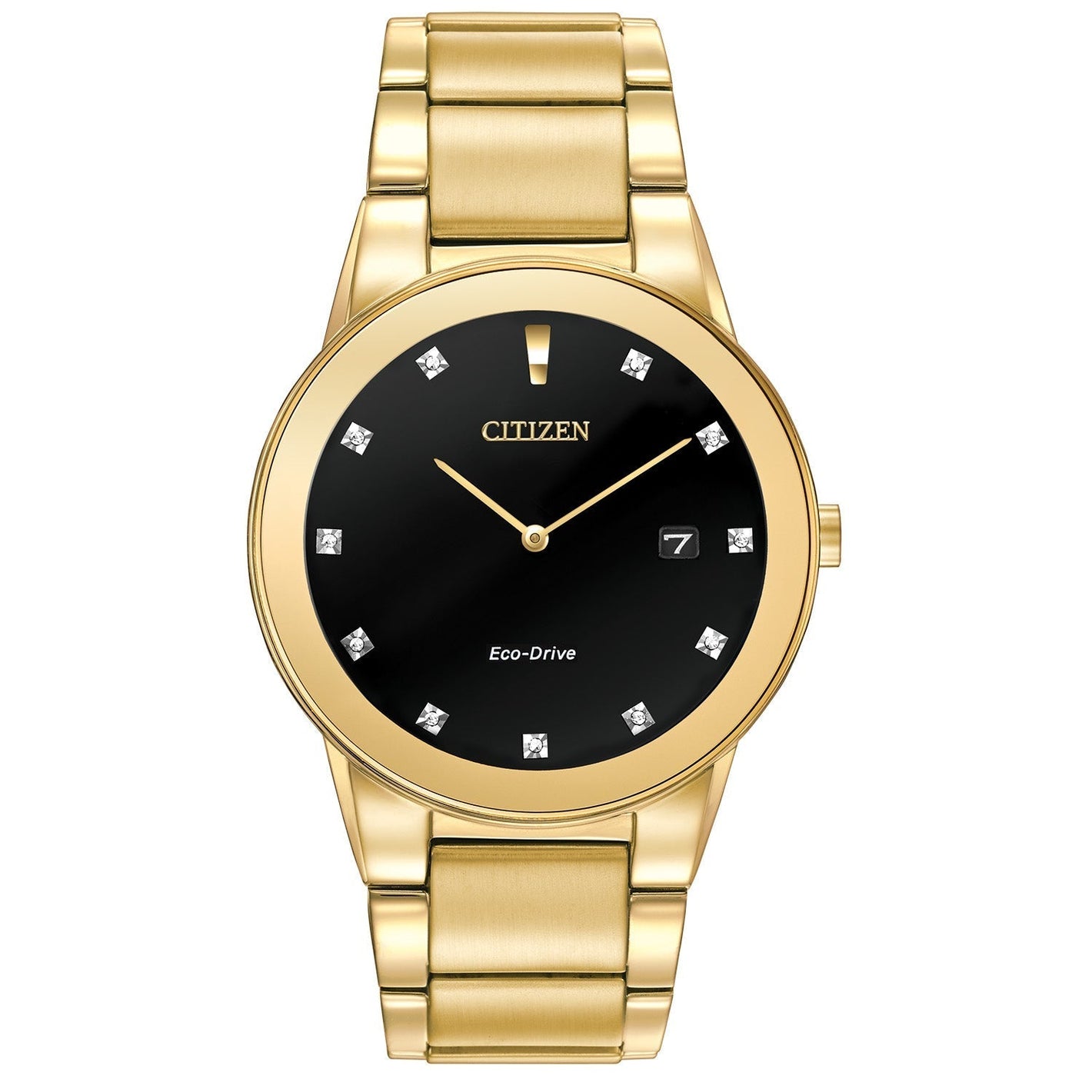 Citizen AU1062-56G gold-tone stainless steel watch with black dial, featuring 11 diamond hour markers and edge-to-edge glass—front view.