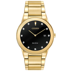 Citizen AU1062-56G gold-tone stainless steel watch with black dial, featuring 11 diamond hour markers and edge-to-edge glass—front view.