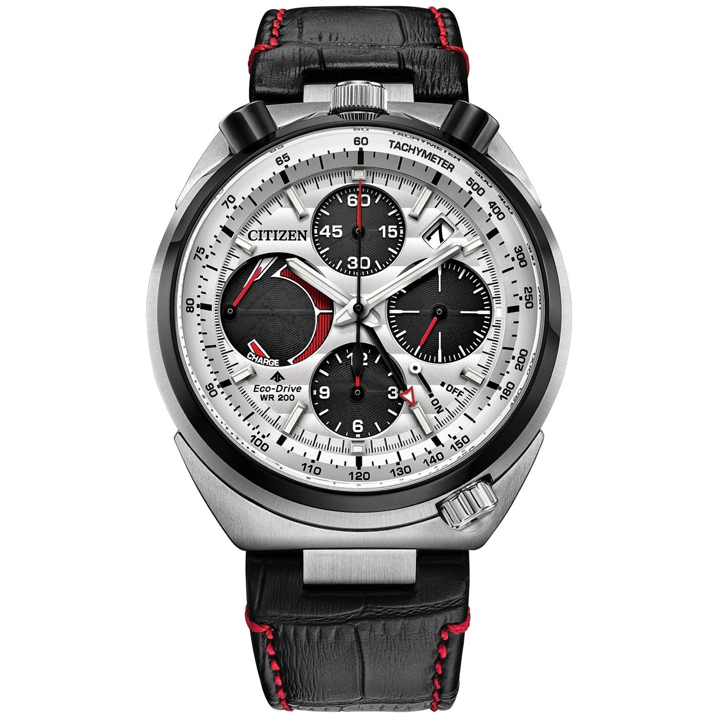 Citizen Promaster Tsuno Chronograph Racer AV0071-03A featuring a silver-tone dial with black sub-dials, red accents, and bullhead-style pushers—front view.