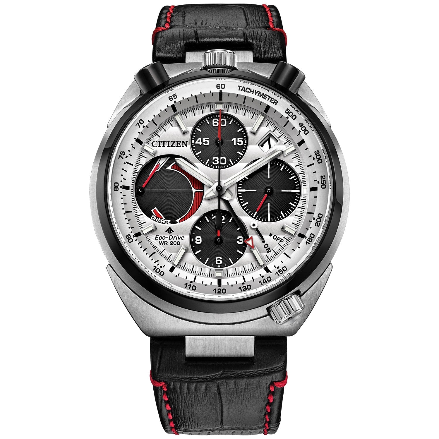 Citizen Promaster Tsuno Chronograph Racer AV0071-03A featuring a silver-tone dial with black sub-dials, red accents, and bullhead-style pushers—front view.