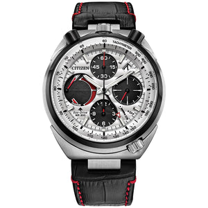 Citizen Promaster Tsuno Chronograph Racer AV0071-03A featuring a silver-tone dial with black sub-dials, red accents, and bullhead-style pushers—front view.