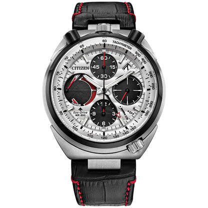 Citizen Promaster Tsuno Chronograph Racer AV0071-03A featuring a silver-tone dial with black sub-dials, red accents, and bullhead-style pushers—front view.