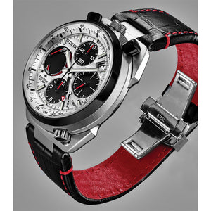 Side profile of the Citizen AV0071-03A showcasing the black ion-plated bezel and top-mounted chronograph pushers.
