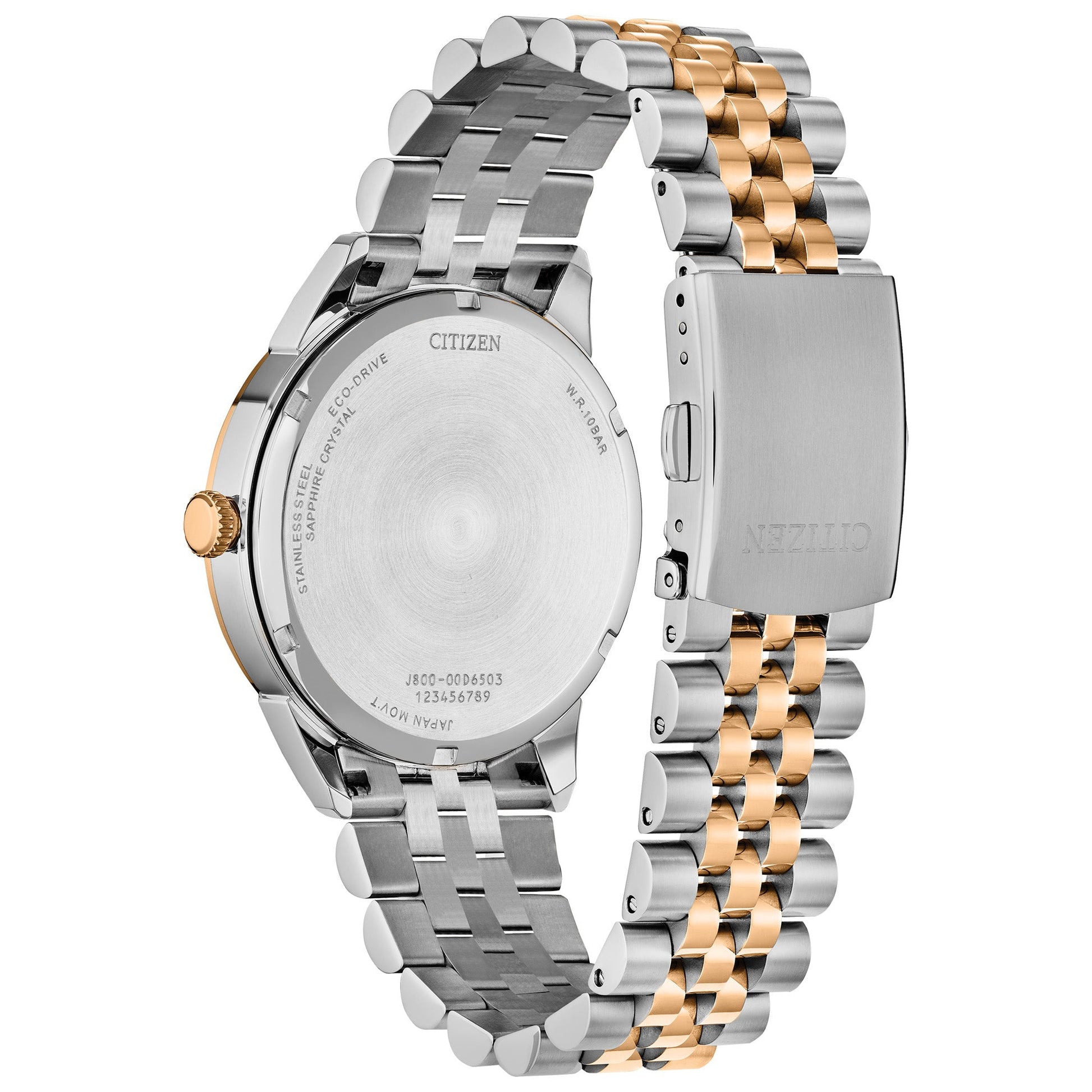 Back view of the Citizen AW0156-57X highlighting the solid stainless-steel caseback and integrated five-link two-tone bracelet.