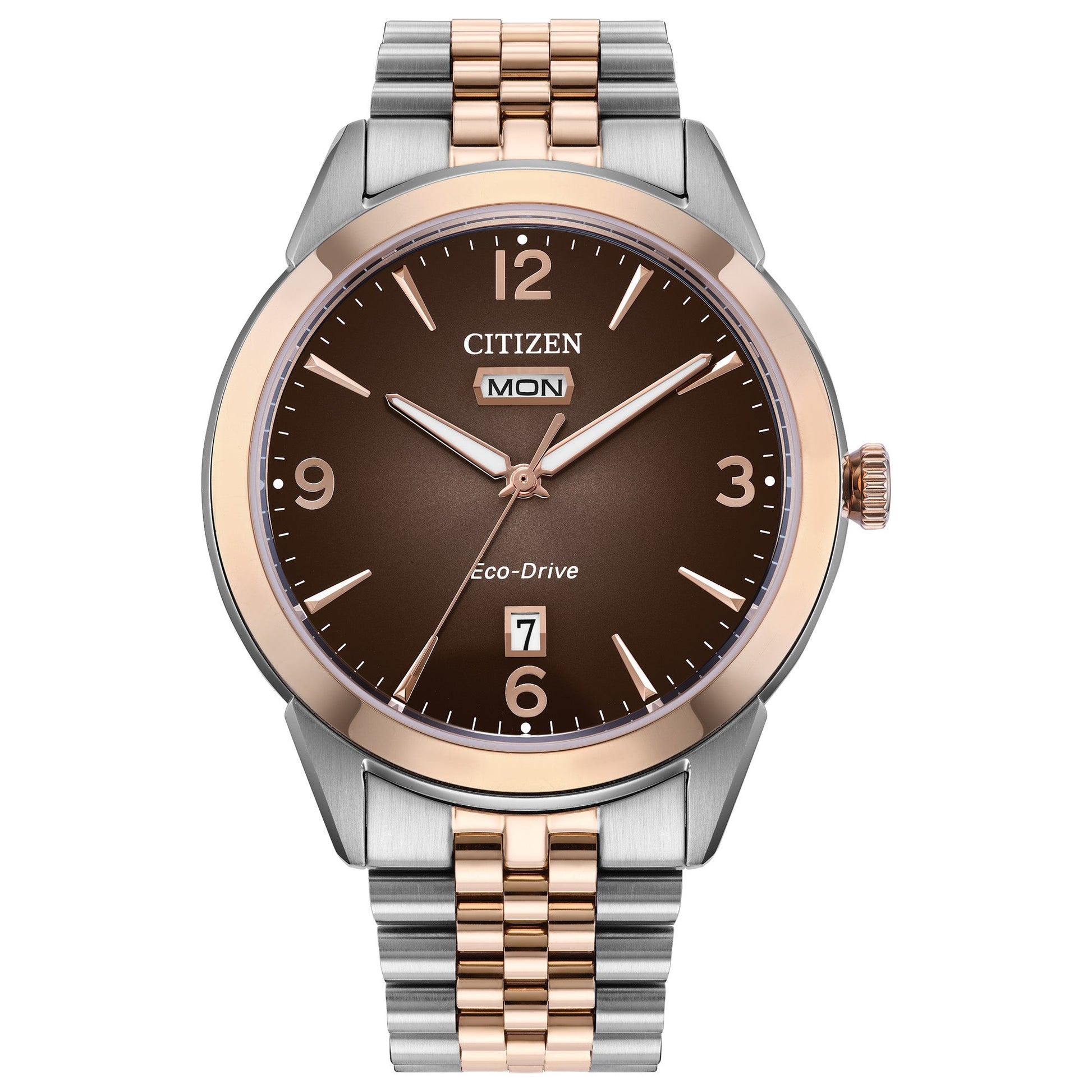 Citizen AW0156-57X front view featuring a 40.5 mm two-tone stainless steel case (silver and rose gold), brown gradient dial with rose-gold Arabic numerals, day window at 12 o’clock and date window at 6 o’clock.
