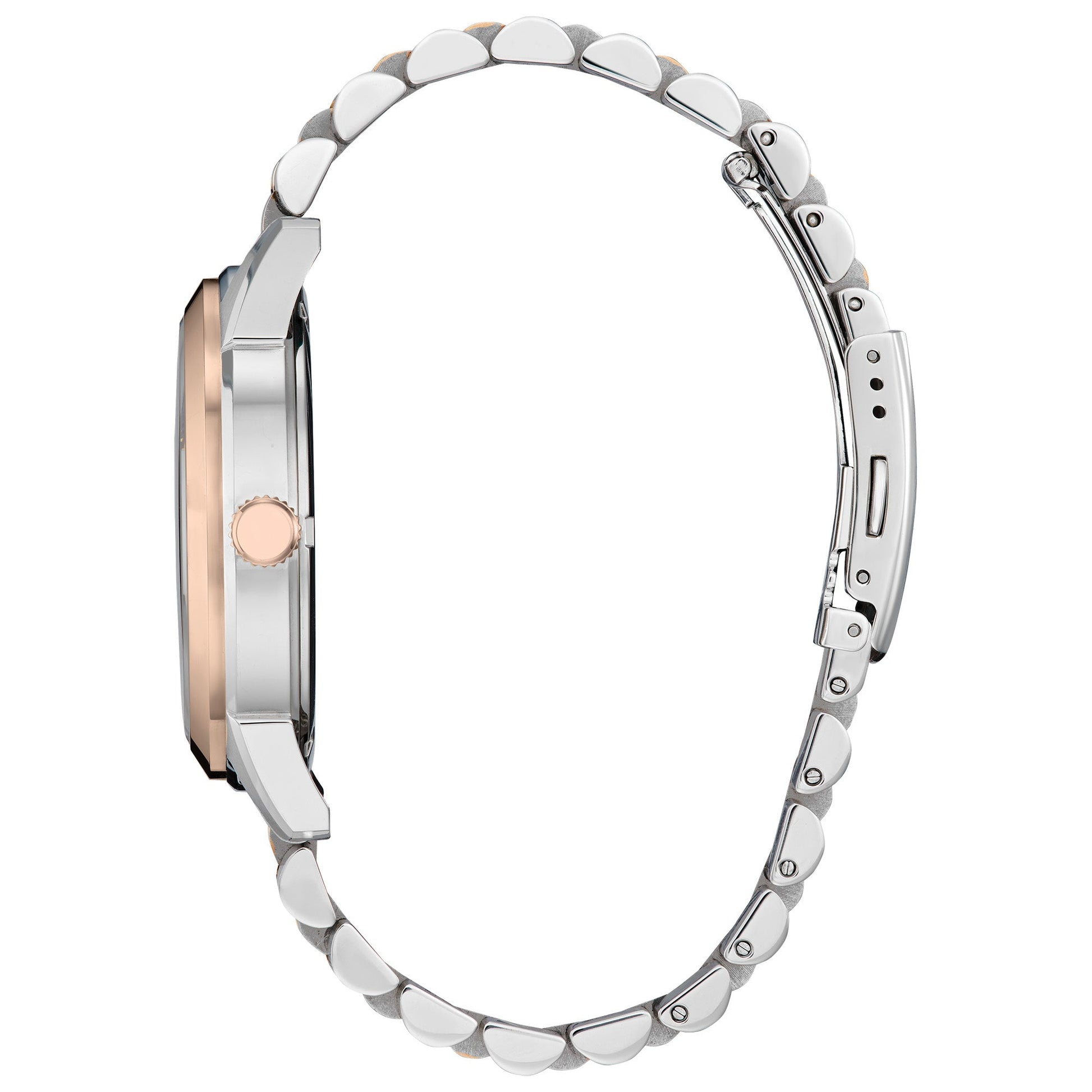 Side profile of Citizen AW0156-57X showcasing the sleek two-tone stainless steel case, crown, and polished bracelet side links.