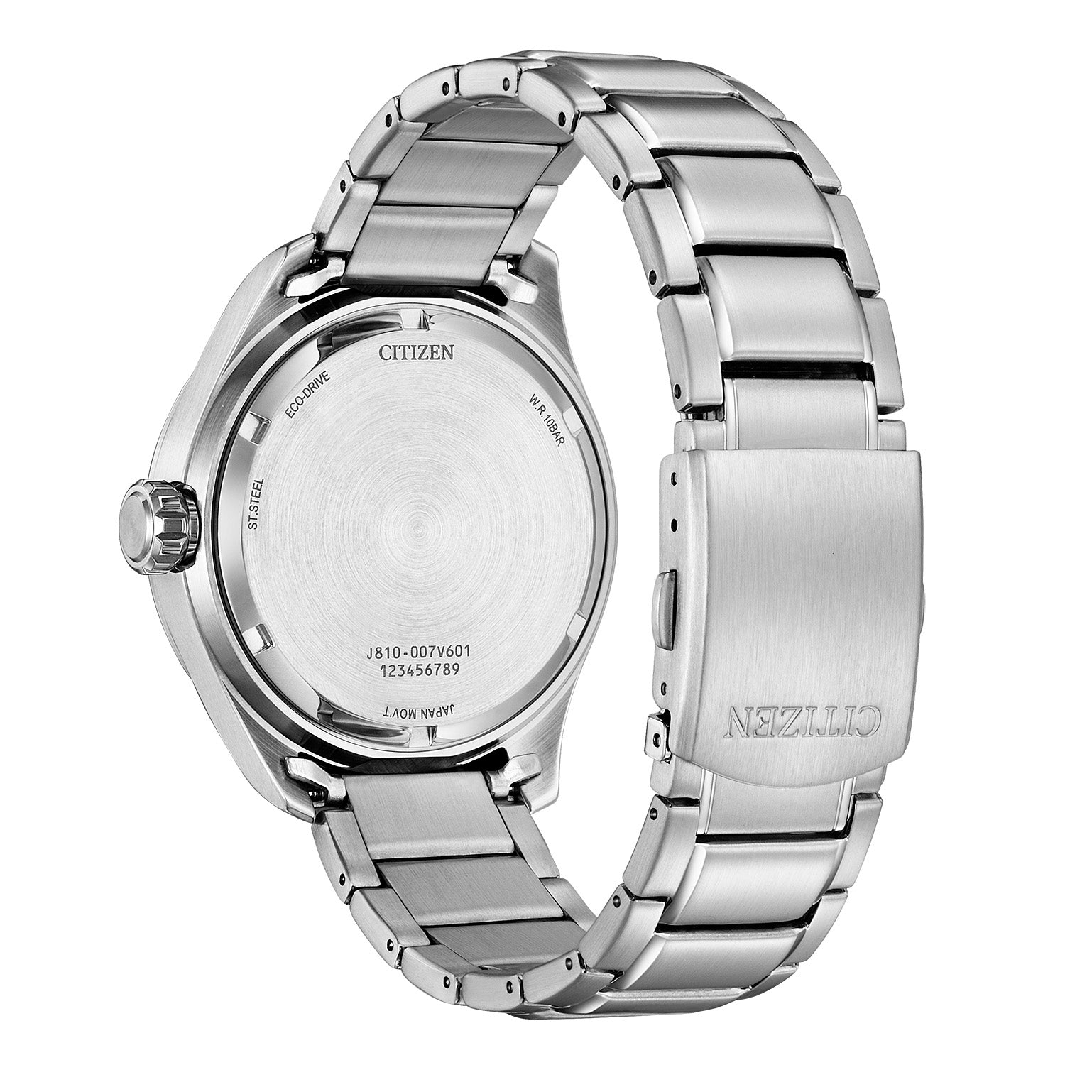 Rear view of Citizen AW1830-88L highlighting the stainless steel case back and bracelet clasp.