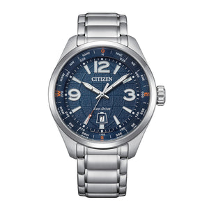 Citizen AW1830-88L men's stainless steel watch with blue dial featuring world map motifs—front view.