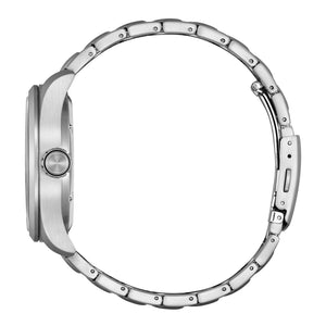 Side profile of Citizen AW1830-88L showcasing the polished and satin silver-finished case and textured crown.