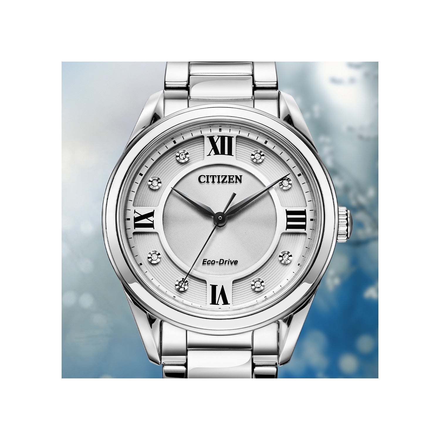 Citizen EM0870-58A Arezzo watch featuring a stainless steel case, silver-tone dial with black hands, Roman numerals, and diamond hour markers, and matching bracelet—front view.