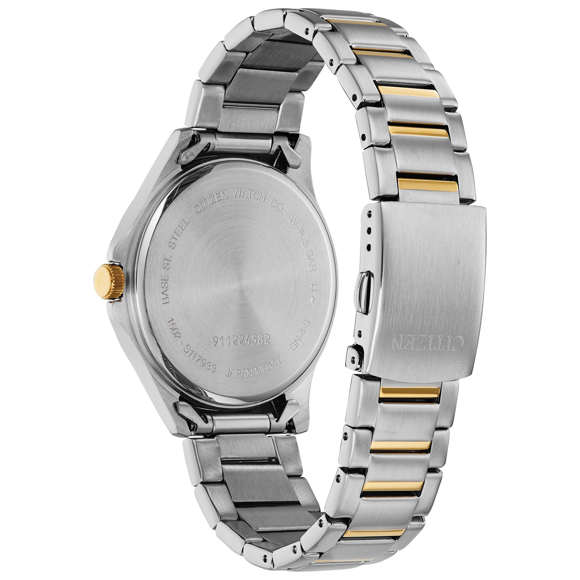 Back view of Citizen BF2005-54L showing the stainless steel case back and two-tone bracelet with fold-over push-button clasp.
