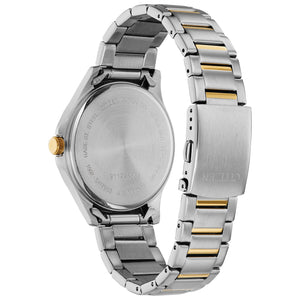 Back view of Citizen BF2005-54L showing the stainless steel case back and two-tone bracelet with fold-over push-button clasp.