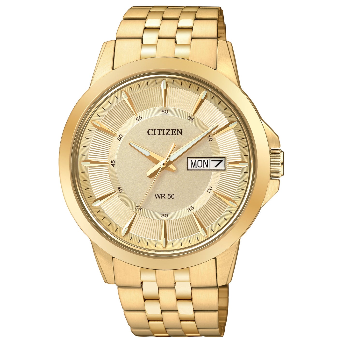 Citizen BF2013-56P front view showing the gold-tone stainless steel case and bracelet, champagne dial with luminous hands, markers, and day/date display.