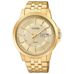 Citizen BF2013-56P front view showing the gold-tone stainless steel case and bracelet, champagne dial with luminous hands, markers, and day/date display.