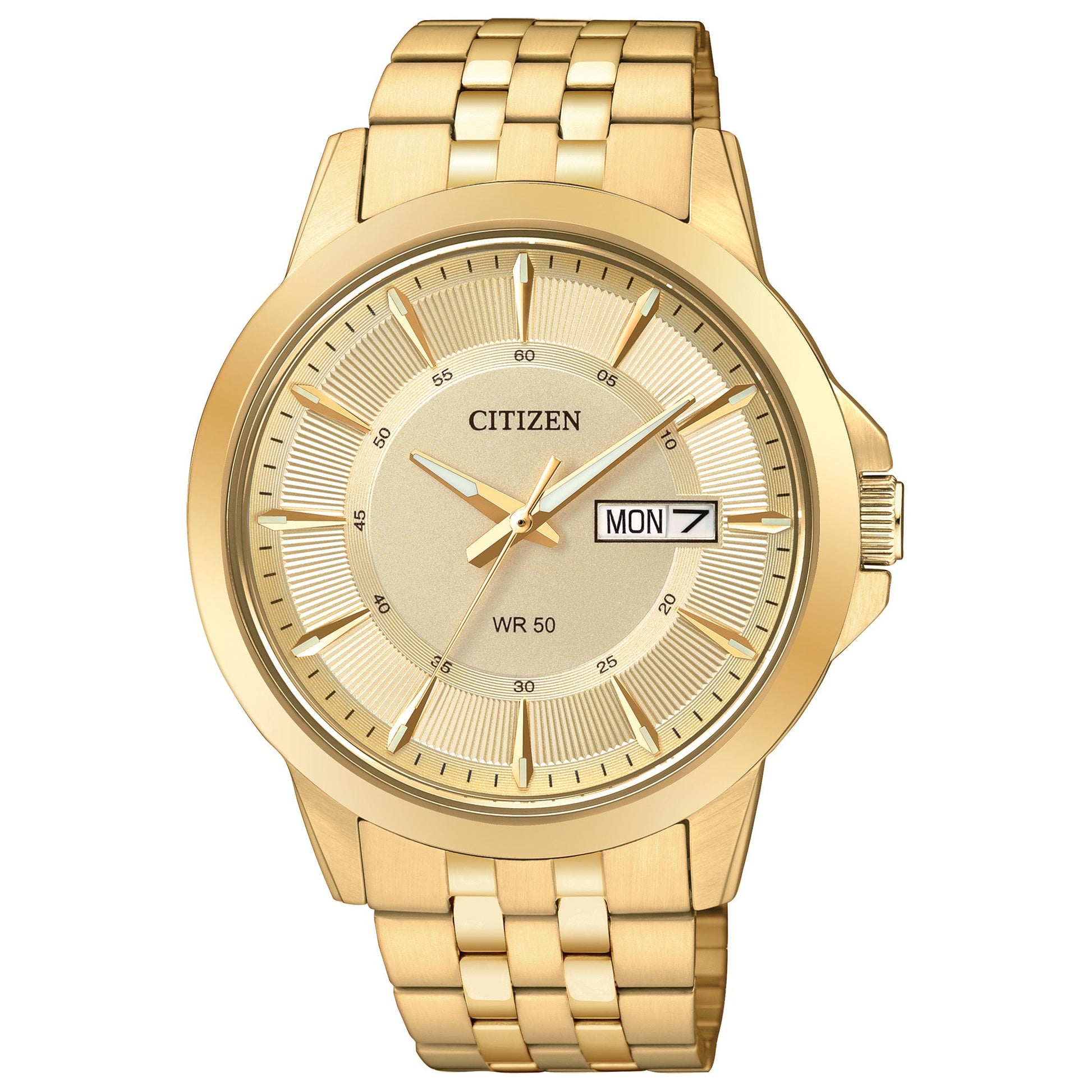 Citizen BF2013-56P front view showing the gold-tone stainless steel case and bracelet, champagne dial with luminous hands, markers, and day/date display.