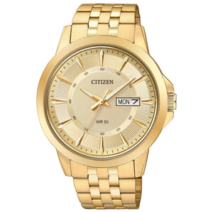 Citizen BF2013-56P front view showing the gold-tone stainless steel case and bracelet, champagne dial with luminous hands, markers, and day/date display.