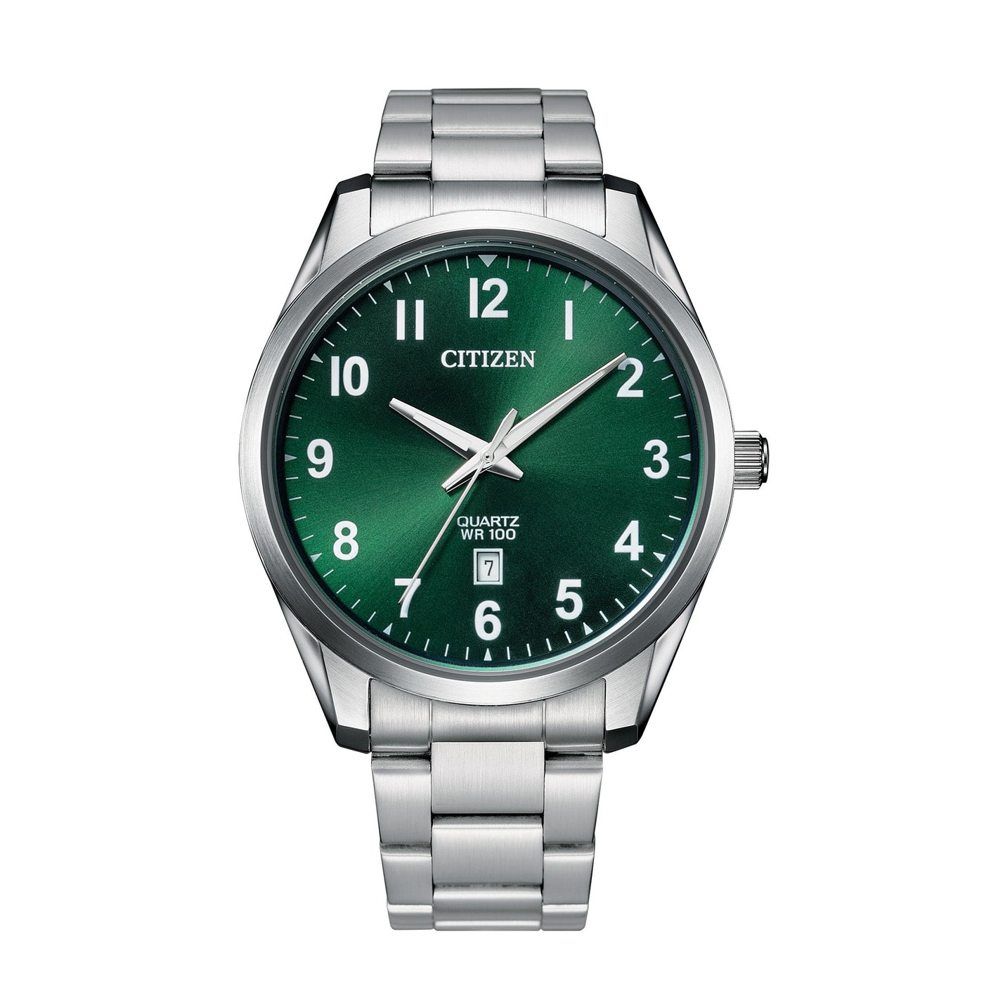 Citizen BI1031-51X front view showcasing a 42 mm polished stainless steel case, green sunburst dial with Arabic numerals and date window.