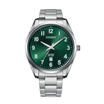 Citizen BI1031-51X front view showcasing a 42 mm polished stainless steel case, green sunburst dial with Arabic numerals and date window.
