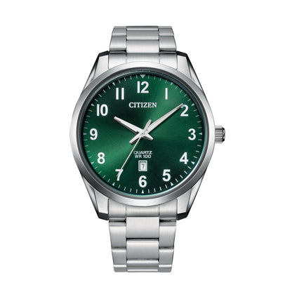 Citizen BI1031-51X front view showcasing a 42 mm polished stainless steel case, green sunburst dial with Arabic numerals and date window.