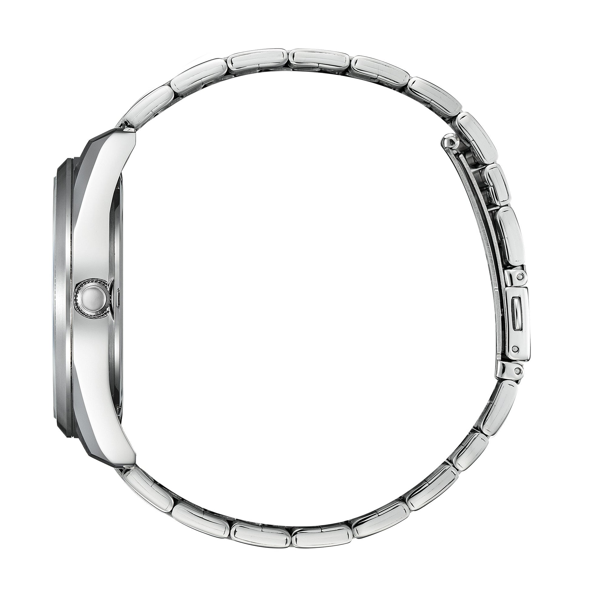 Side profile of the Citizen BI1031-51X highlighting the stainless steel case thickness, crown and integrated bracelet links.