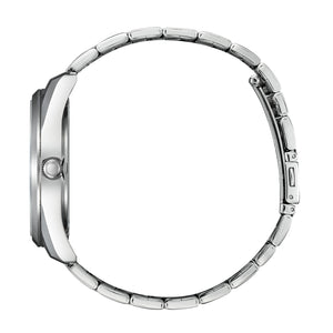 Side profile of the Citizen BI1031-51X highlighting the stainless steel case thickness, crown and integrated bracelet links.