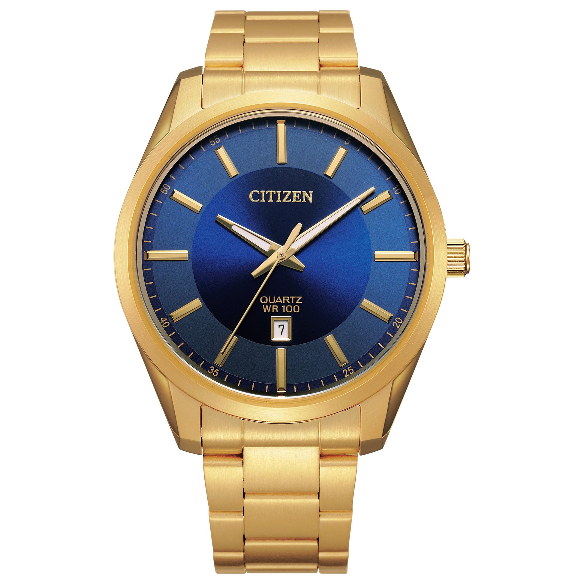 Citizen BI1032-58L front view with gold-tone stainless steel case and bracelet, blue sun-burst dial with gold-tone indices and date window at 3 o’clock.