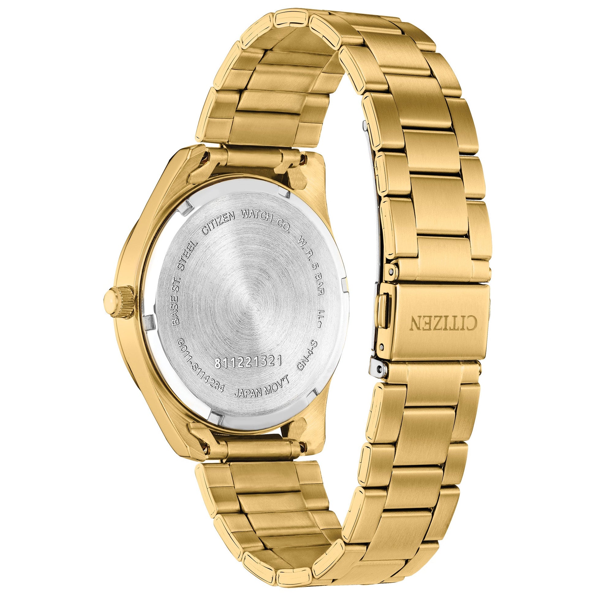 Back view of Citizen BI1032-58L showing the solid case back and gold-tone stainless steel bracelet clasp.