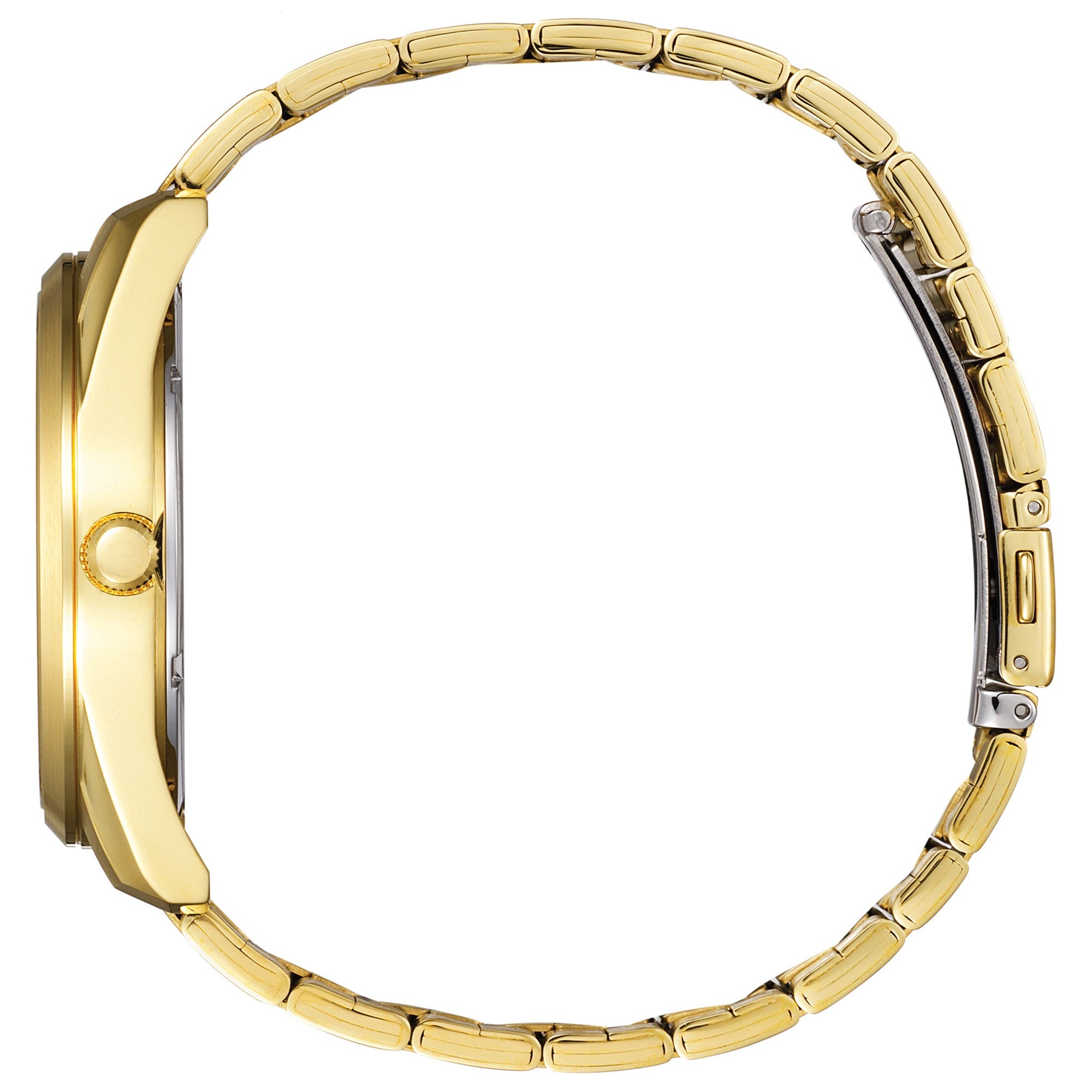 Side profile of Citizen BI1032-58L showing the 42 mm gold-tone stainless steel case, crown and integrated bracelet link design.