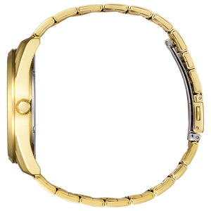 Side profile of Citizen BI1032-58L showing the 42 mm gold-tone stainless steel case, crown and integrated bracelet link design.